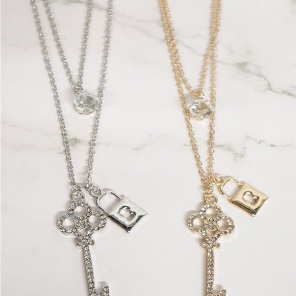 Rhinestone Lock and Key Necklace Set  Silver/Gold - Picture 1 of 3